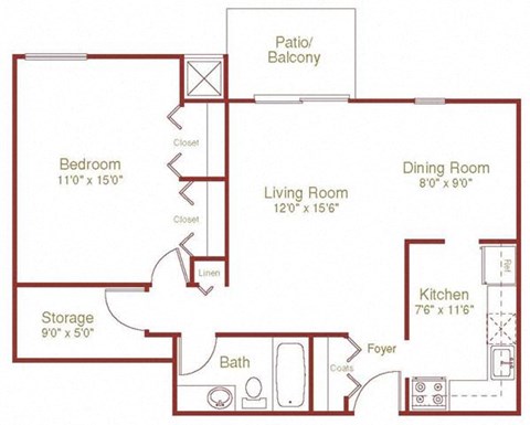 Floor plan for 1 bed, 1 bath, 750 sqft