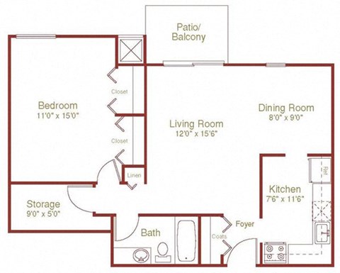 Floor plan for 1 bed, 1 bath, 750 sqft