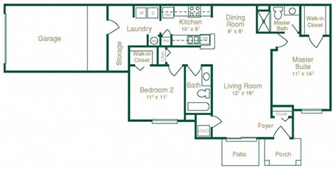 Floor plan for 2 beds, 2 baths, 1133 sqft