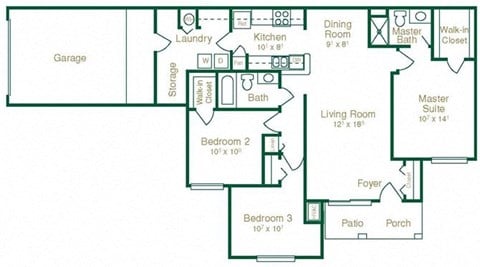 Floor plan for 3 beds, 2 baths, 1283 sqft