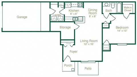Floor plan for 1 bed, 1 bath, 886 sqft
