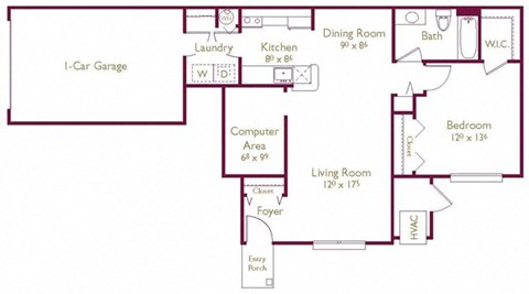 Floor plan for 1 bed, 1 bath, 927 sqft