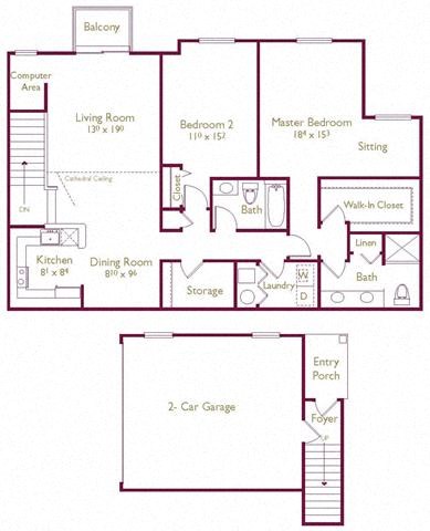 Floor plan for 2 beds, 2 baths, 1420 sqft