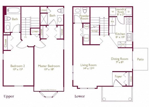 Floor plan for 2 beds, 2.5 baths, 1188 sqft