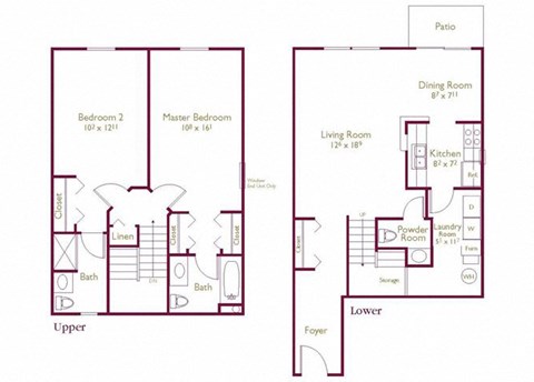 Floor plan for 2 beds, 2.5 baths, 1228 sqft