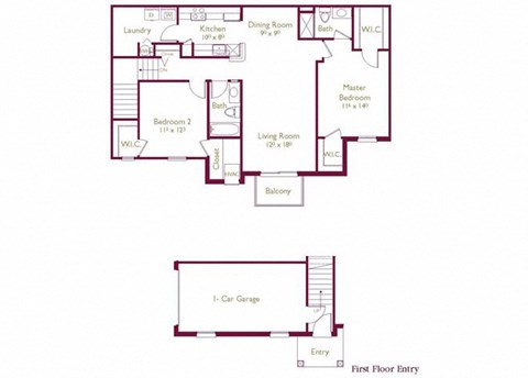 Floor plan for 2 beds, 2 baths, 1236 sqft