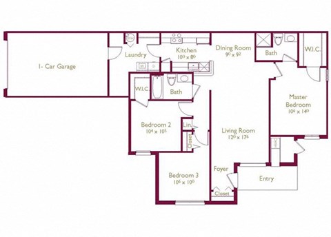 Floor plan for 3 beds, 2 baths, 1309 sqft