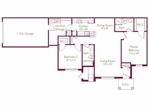 Floor plan for 2 beds, 2 baths, 1152 sqft
