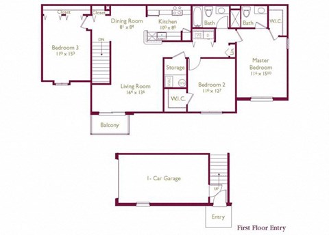 Floor plan for 3 beds, 2 baths, 1359 sqft