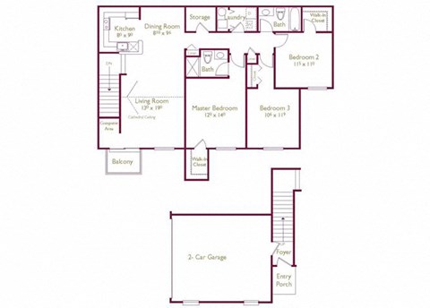 Floor plan for 3 beds, 2 baths, 1391 sqft