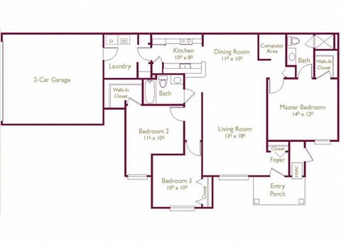 Floor plan for 3 beds, 2 baths, 1413 sqft