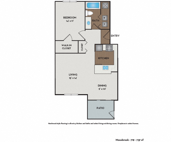 Floor plan for 1 bed, 1 bath, 737 sqft
