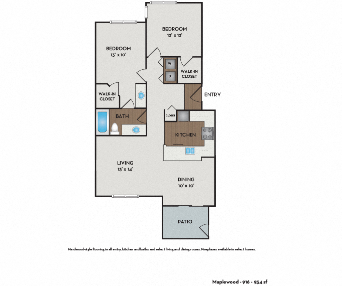 Floor plan for 2 beds, 1 bath, 917 sqft