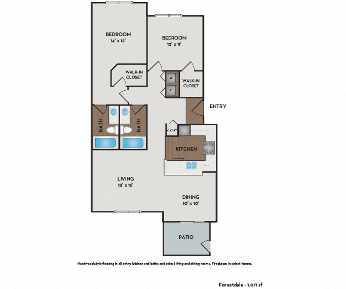 Floor plan for 2 beds, 2 baths, 1035 sqft