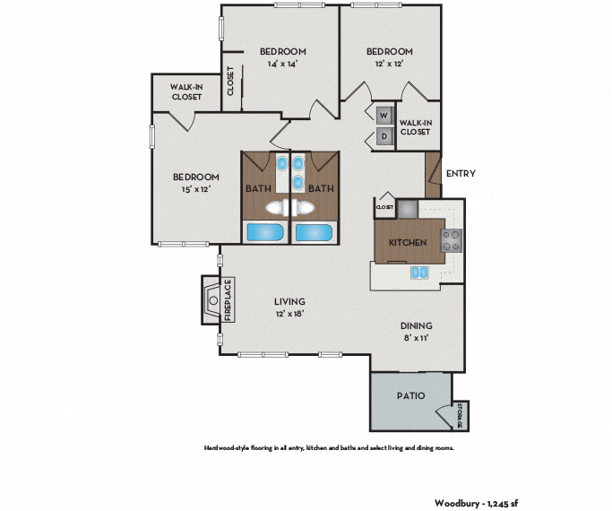 Floor plan for 3 beds, 2 baths, 1245 sqft