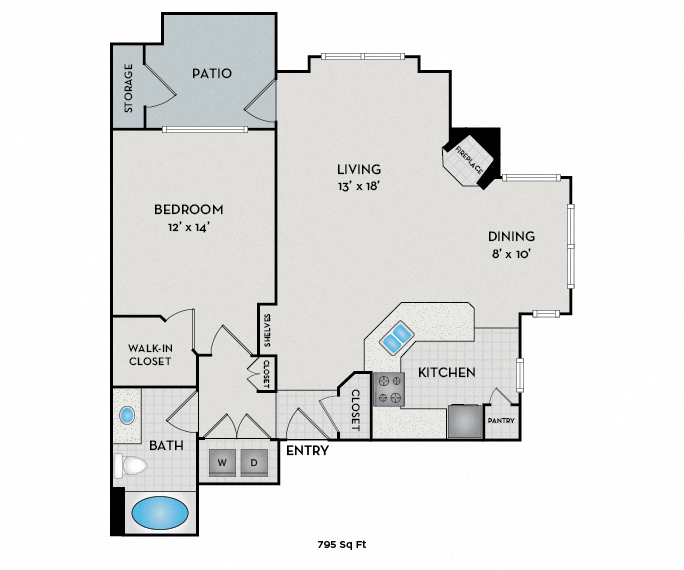 Floor plan for 1 bed, 1 bath, 795 sqft