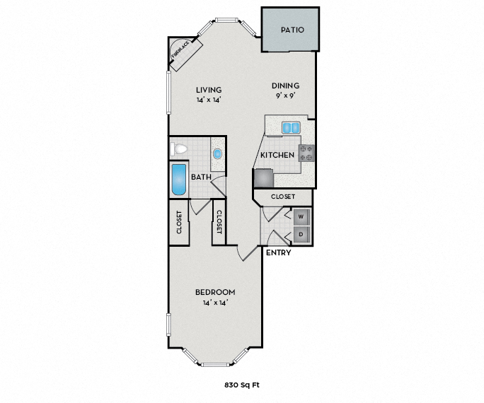 Floor plan for 1 bed, 1 bath, 830 sqft