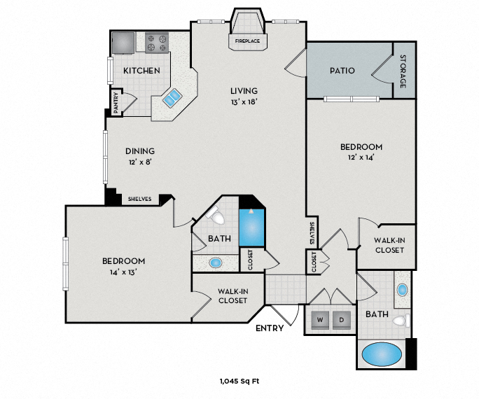Floor plan for 2 beds, 2 baths, 1045 sqft