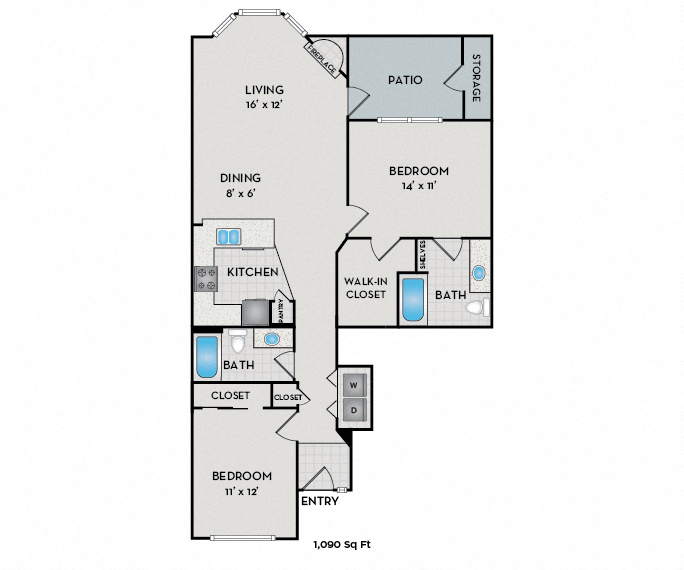 Floor plan for 2 beds, 2 baths, 1186 sqft
