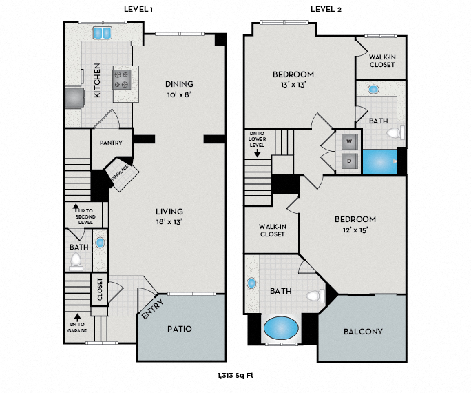 Floor plan for 2 beds, 2.5 baths, 1313 sqft