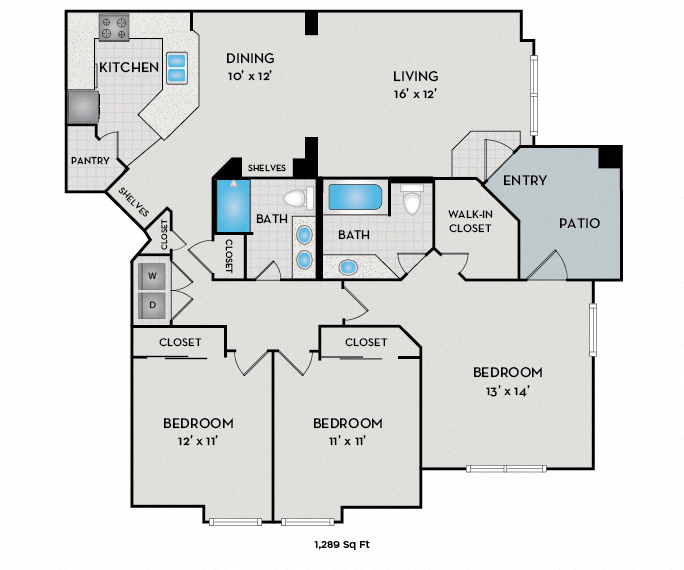 Floor plan for 3 beds, 2 baths, 1289 sqft