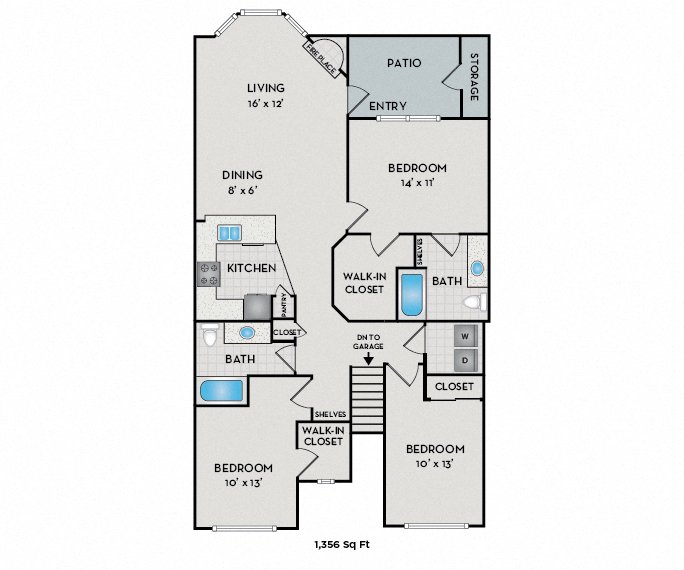 Floor plan for 3 beds, 2 baths, 1356 sqft