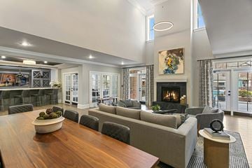 Cary apartment for rent - A modern living room with a fireplace and a painting on the wall.