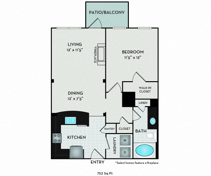 Floor plan for 1 bed, 1 bath, 752 sqft