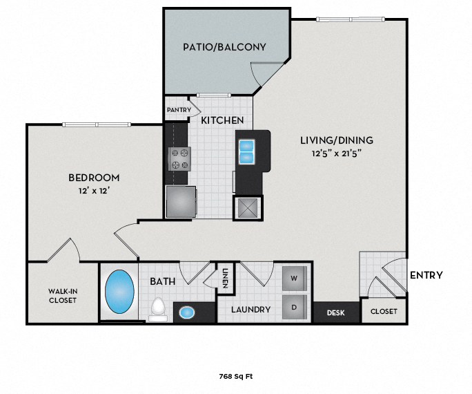 Floor plan for 1 bed, 1 bath, 768 sqft