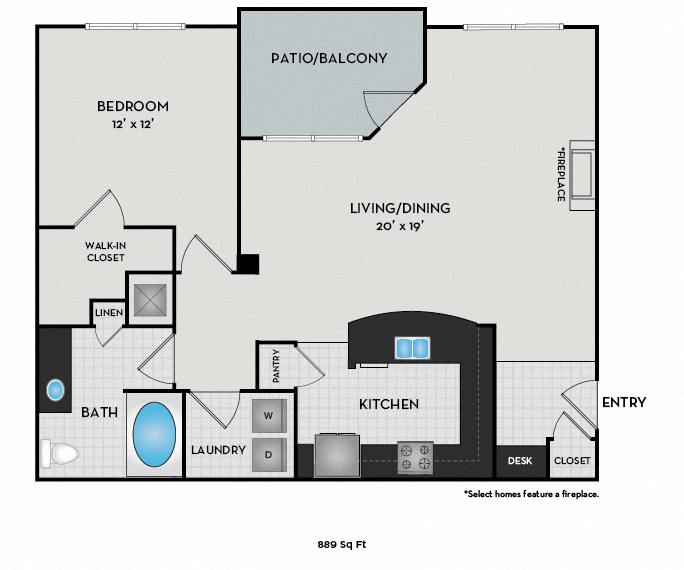 Floor plan for 1 bed, 1 bath, 998 sqft