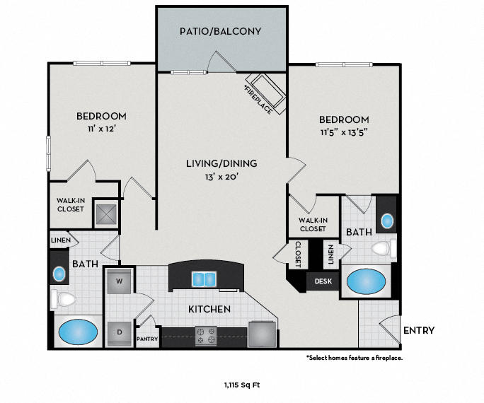 Floor plan for 2 beds, 2 baths, 1115 sqft