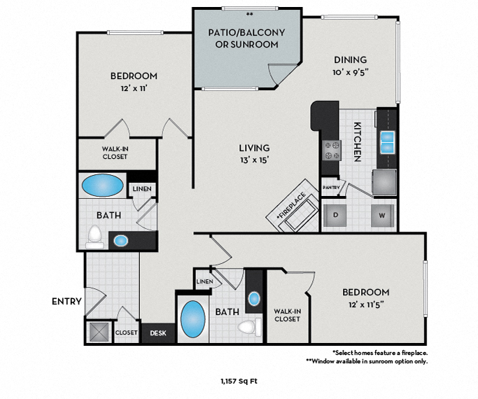 Floor plan for 2 beds, 2 baths, 1254 sqft