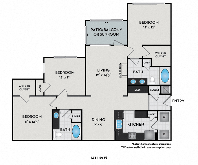 Floor plan for 3 beds, 2 baths, 1334 sqft