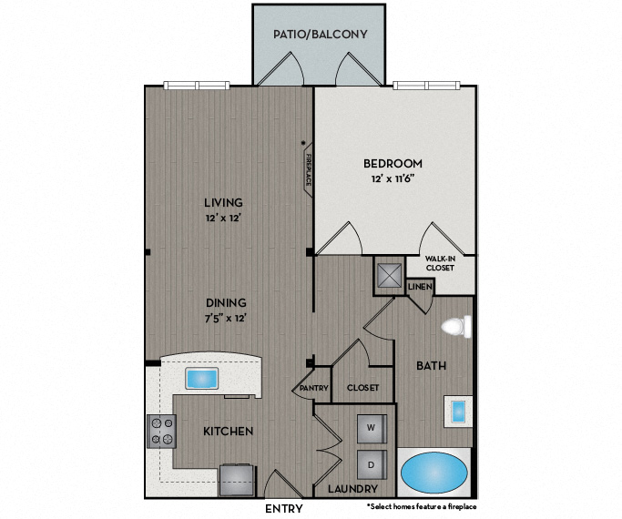 Floor plan for 1 bed, 1 bath, 752 sqft