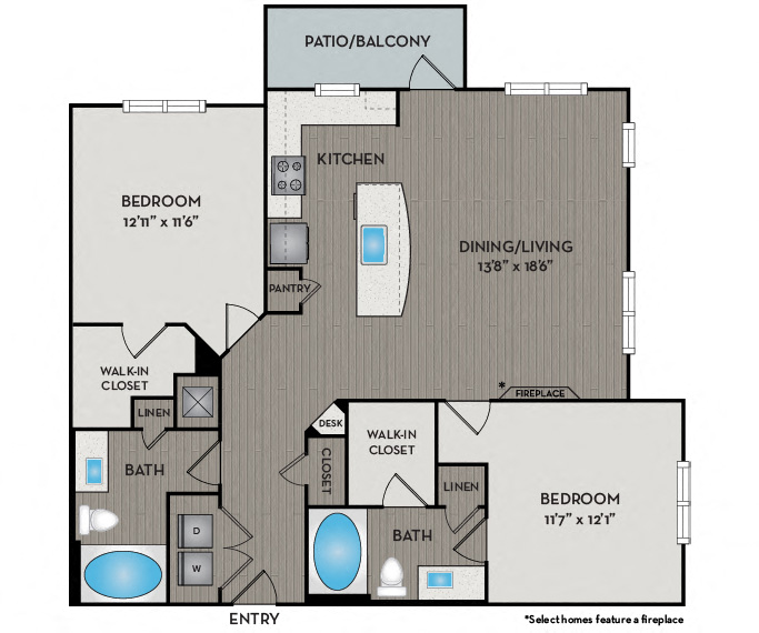 Floor plan for 2 beds, 2 baths, 1117 sqft