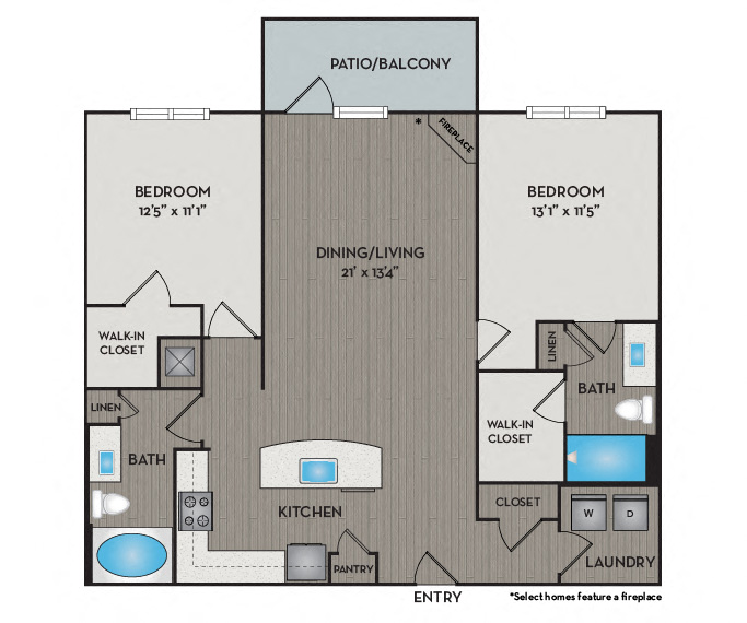Floor plan for 2 beds, 2 baths, 1129 sqft