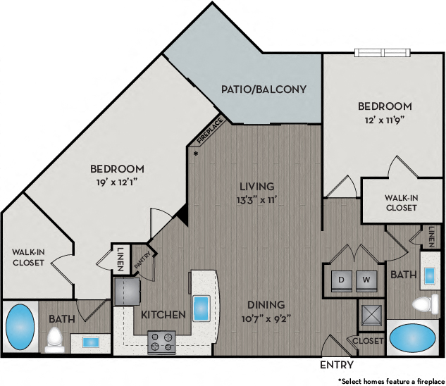 Floor plan for 2 beds, 2 baths, 1177 sqft
