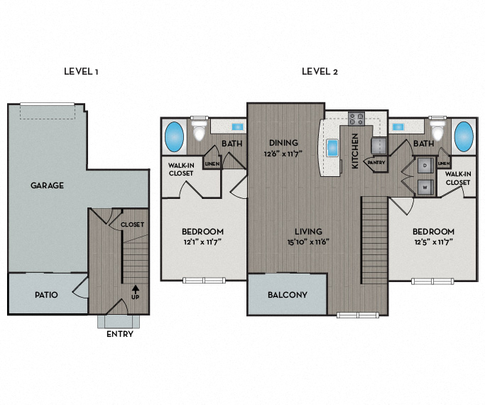 Floor plan for 2 beds, 2 baths, 1203 sqft