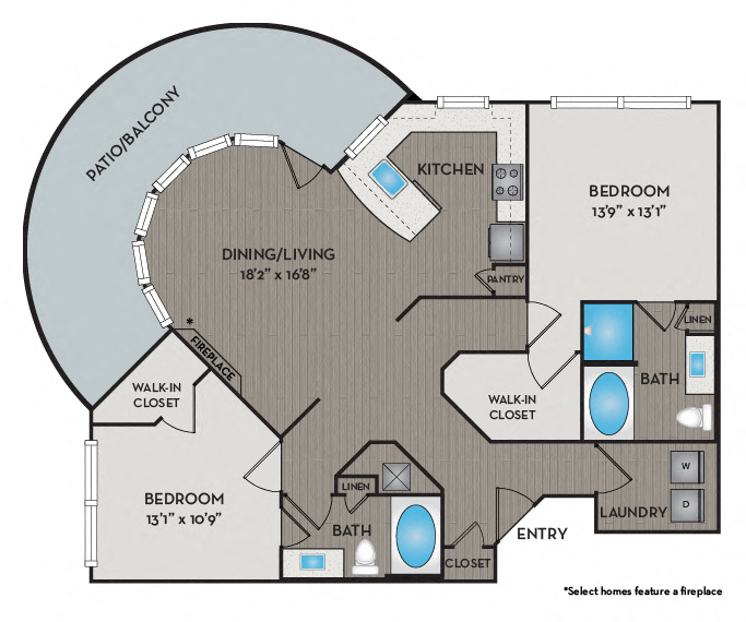 Floor plan for 2 beds, 2 baths, 1322 sqft