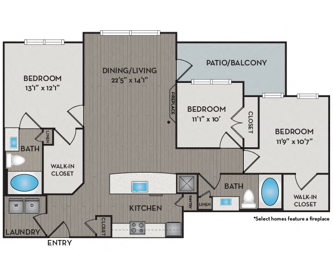 Floor plan for 3 beds, 2 baths, 1302 sqft