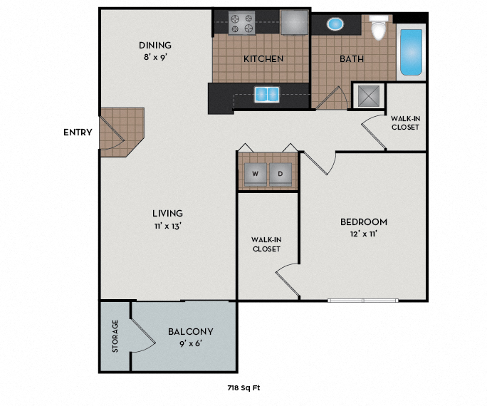 Floor plan for 1 bed, 1 bath, 773 sqft