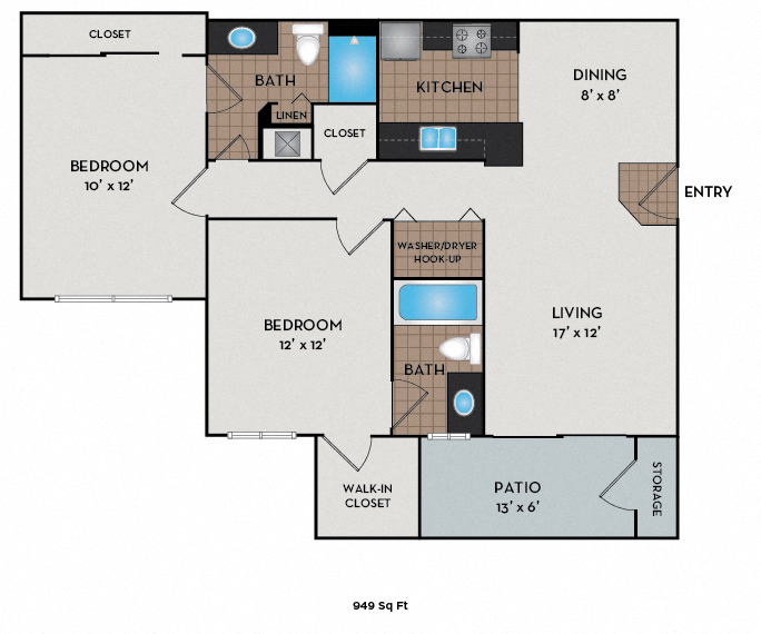 Floor plan for 2 beds, 2 baths, 1008 sqft