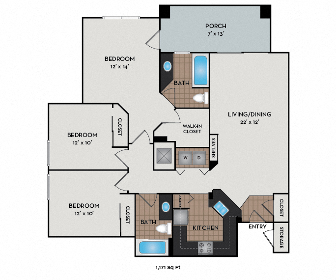 Floor plan for 3 beds, 2 baths, 1171 sqft