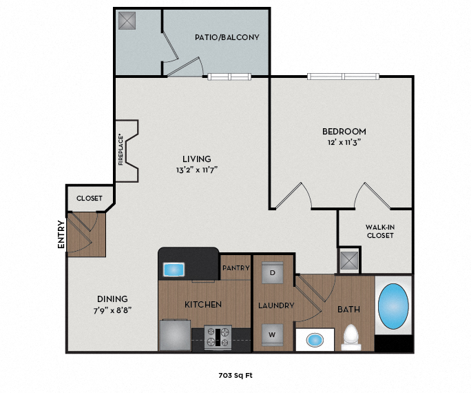 Floor plan for 1 bed, 1 bath, 703 sqft
