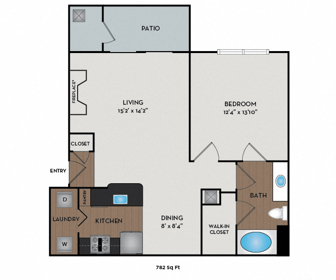 Floor plan for 1 bed, 1 bath, 782 sqft