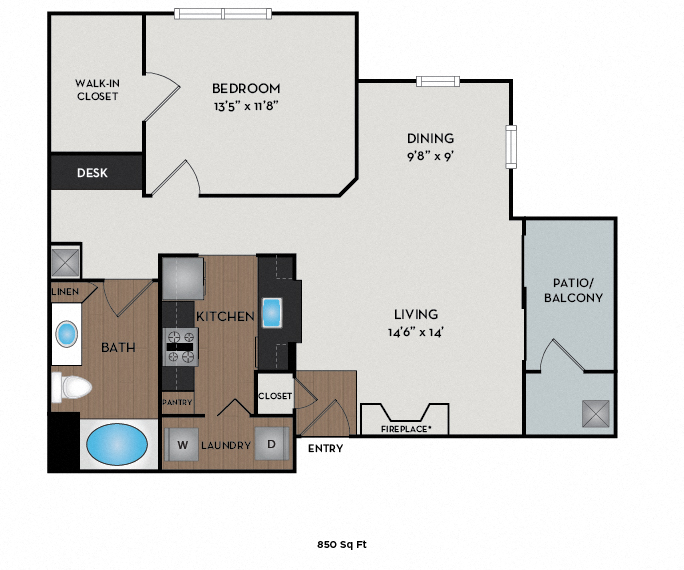 Floor plan for 1 bed, 1 bath, 850 sqft