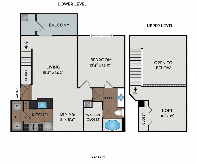 Floor plan for 1 bed, 1 bath, 957 sqft
