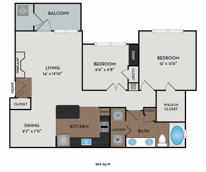 Floor plan for 2 beds, 1 bath, 954 sqft