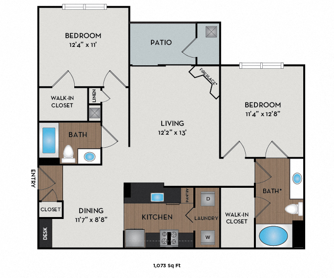 Floor plan for 2 beds, 2 baths, 1073 sqft
