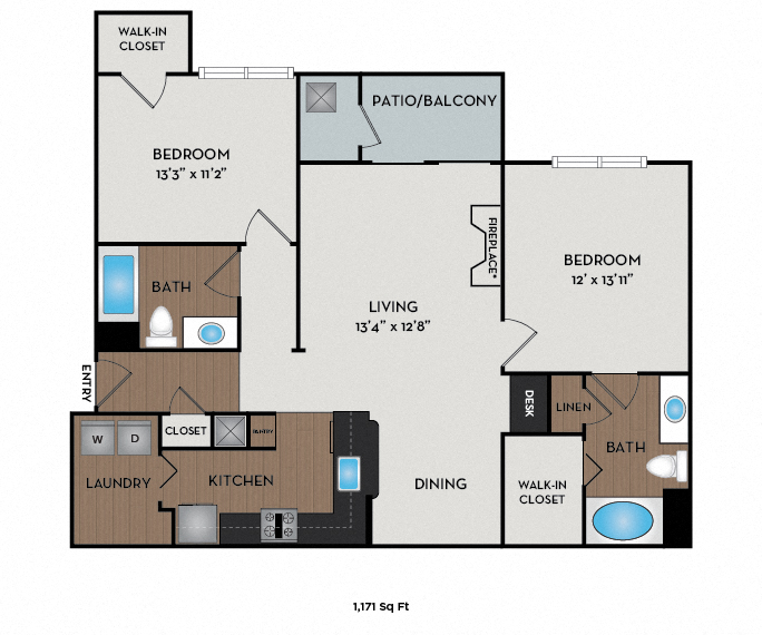 Floor plan for 2 beds, 2 baths, 1171 sqft